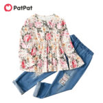 floral topo e rasgado calças jeans conjunto